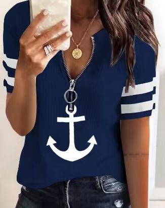 Damen maritim inspirierter Kurzarm Pullover mit Reißverschluss und Anker-Motiv Drune