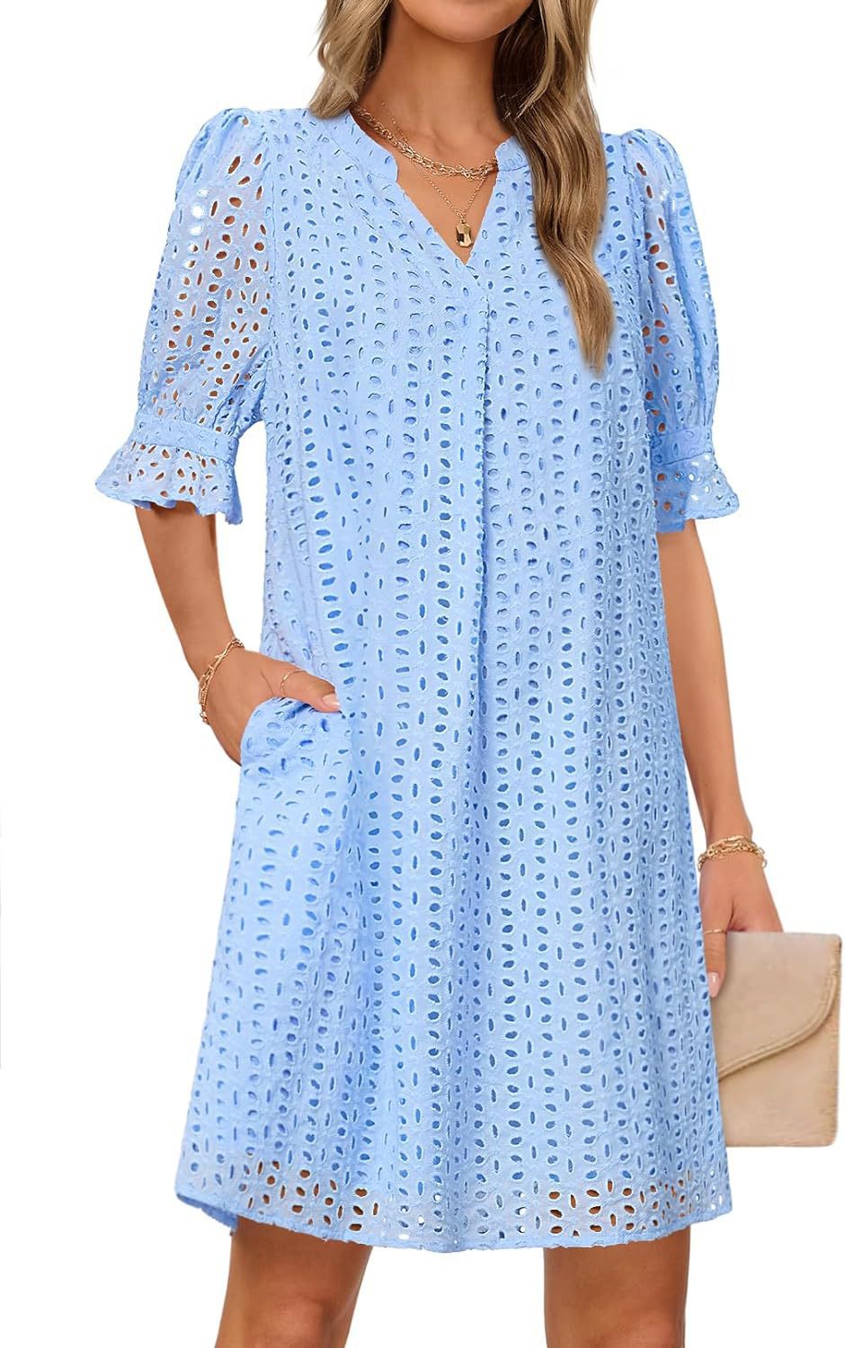 Damen luftiges Sommerkleid mit romantischem Lochmuster und praktischen Taschen Drune