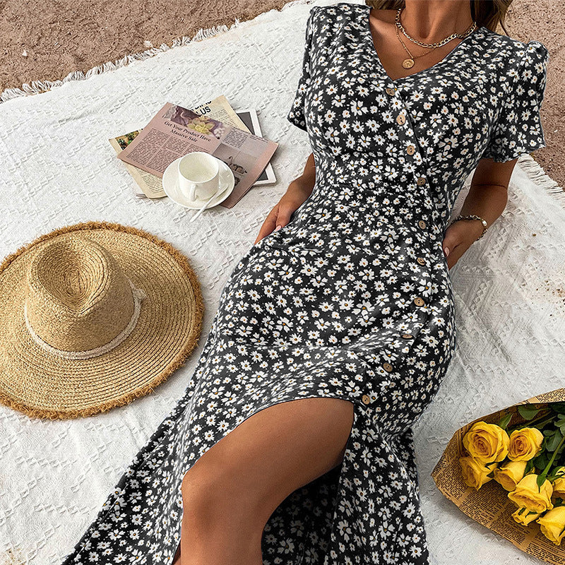 Damen Blumenkleid mit Knopfdetails und seitlichem Schlitz Drune