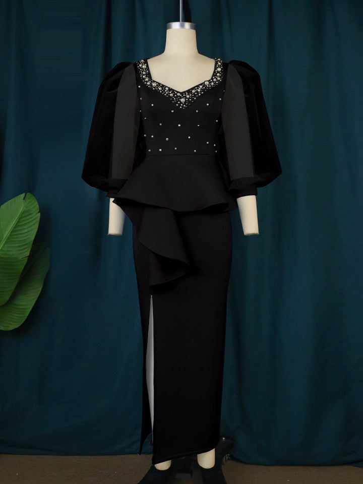 Damen Elegantes Abendkleid mit funkelnden Perlen und voluminösen Tüllärmeln Drune