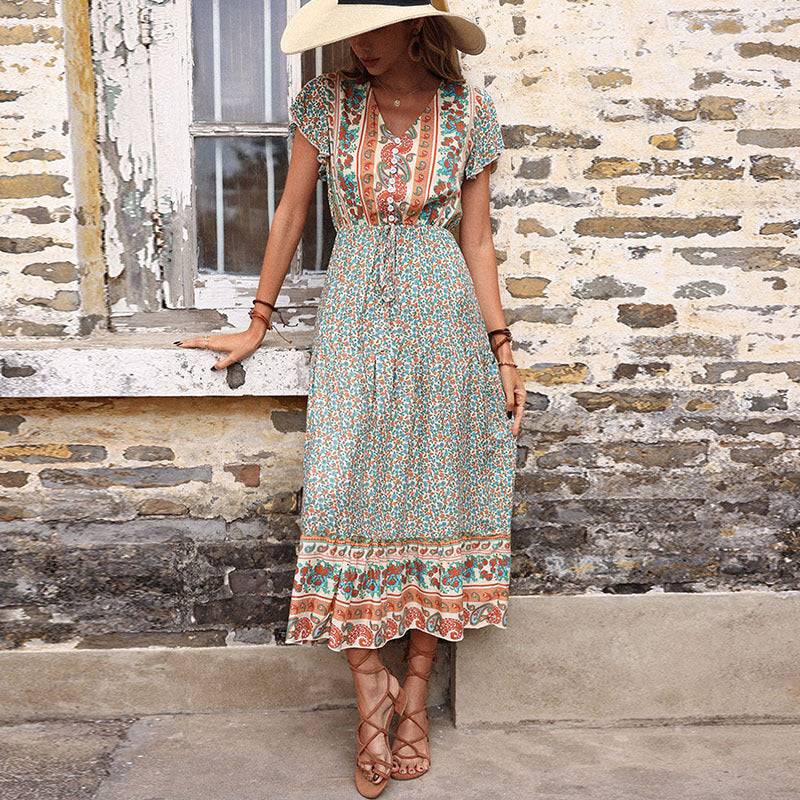 Damen Maxi-Kleid mit floralen Details und elastischem Taillenzug Drune