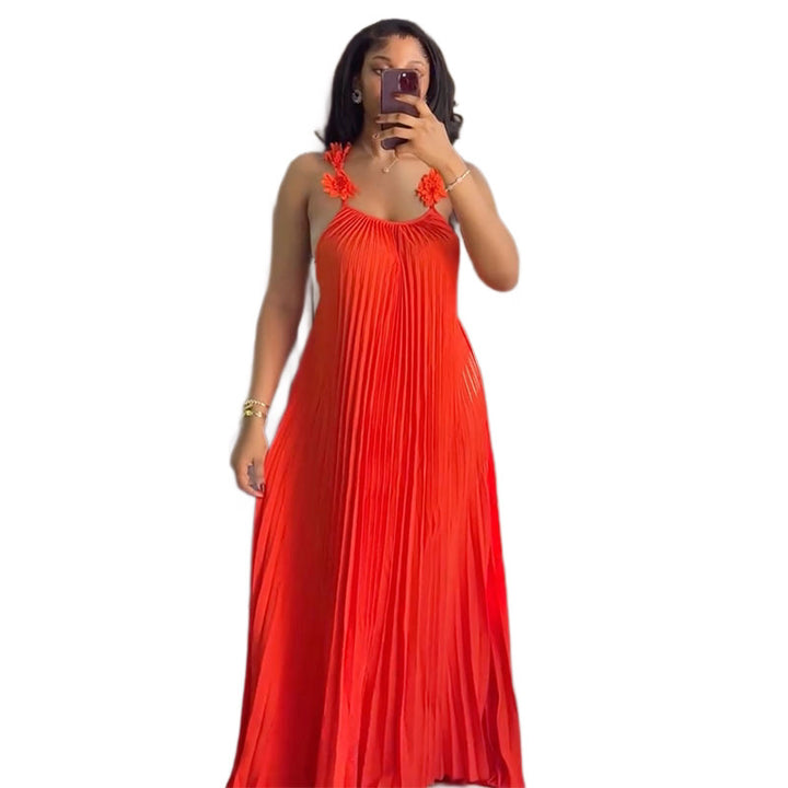 Damen Elegantes Maxikleid mit lässigem Faltenwurf und dekorativen Schulterblüten Drune