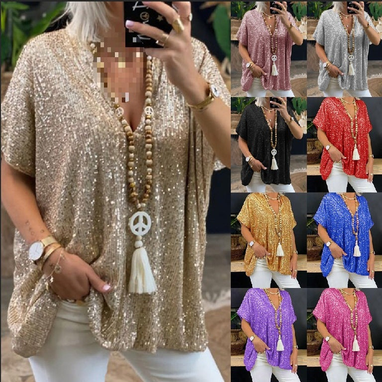 Damen Glamouröses Pailletten-Tunikashirt mit V-Ausschnitt Drune