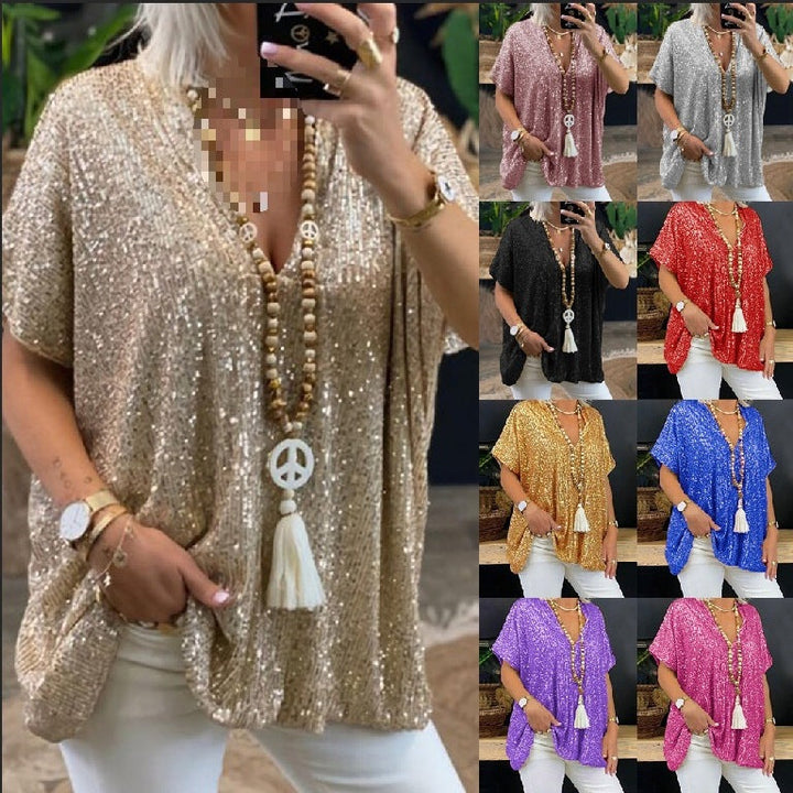Damen Glamouröses Pailletten-Tunikashirt mit V-Ausschnitt Drune