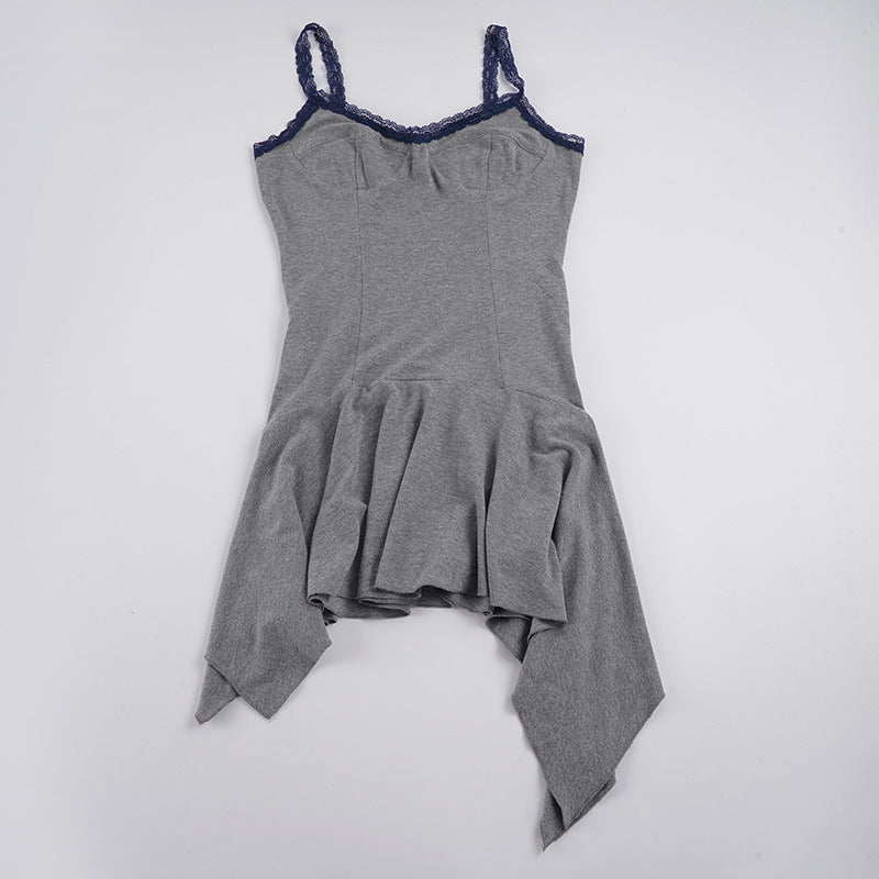 Damen asymmetrisches Freizeitkleid mit Spitzenakzenten Drune