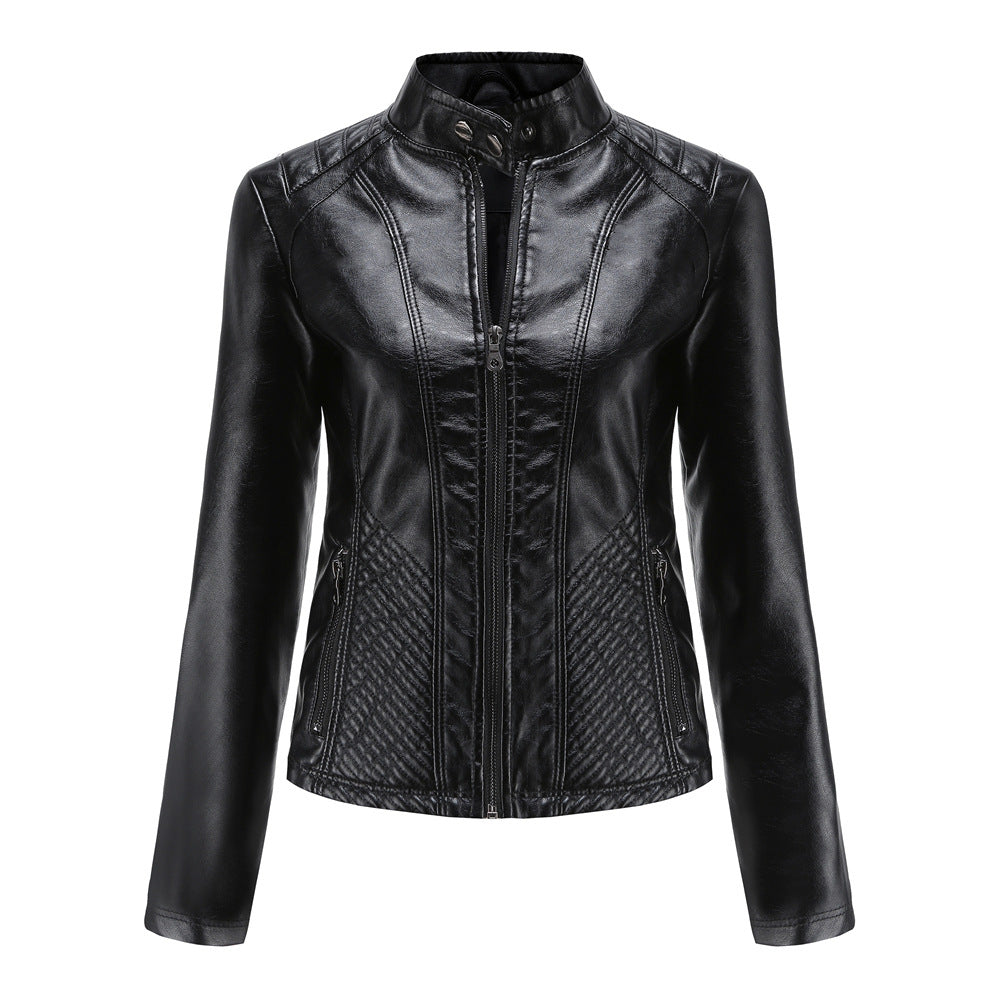 Damen nan taillierte Biker-Kunstlederjacke mit Stehkragen und gesteppter Seitenpartie Drune