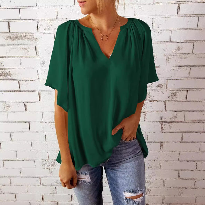Damen luftige Bluse mit V-Ausschnitt und sanftem Faltenwurf Drune