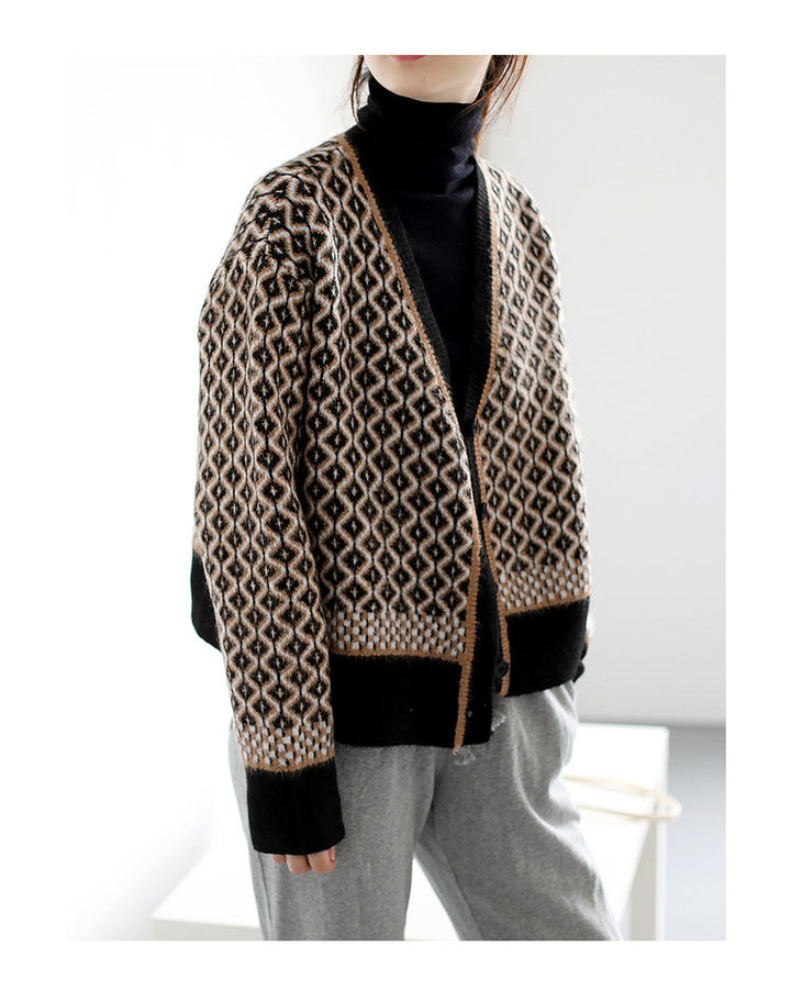 Damen elegante Strickjacke mit geometrischem Muster und Knopfdetails Drune