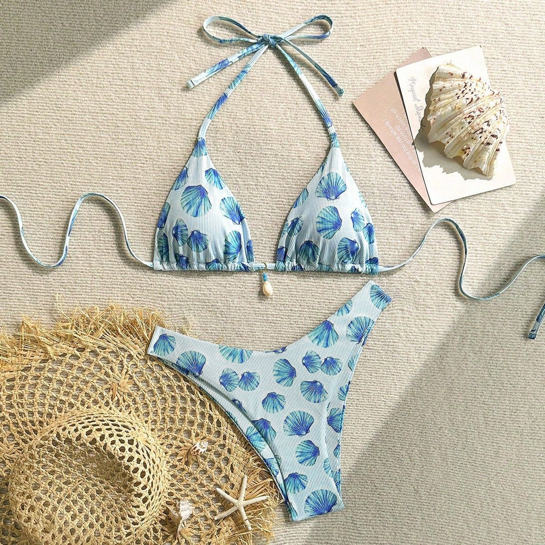 Damen Triangel-Bikini mit Muschel-Print und zarten Rüschendetails Drune