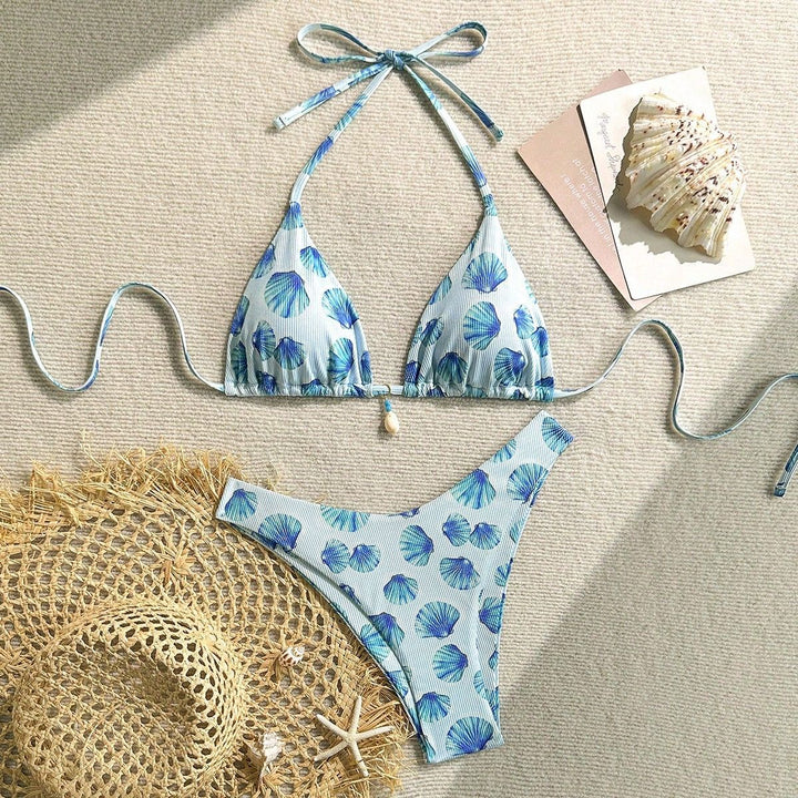 Damen Triangel-Bikini mit Muschel-Print und zarten Rüschendetails Drune