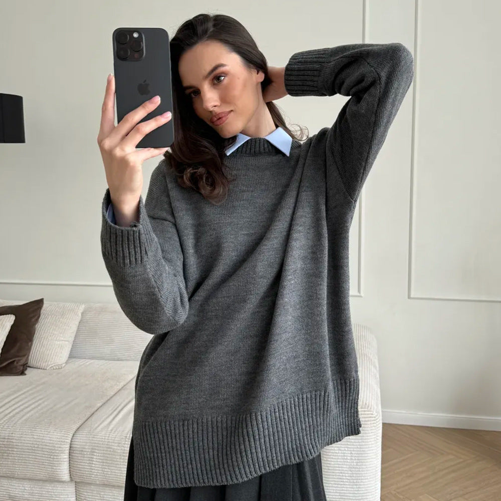 Damen Bequemer und eleganter Strickpullover mit seitlichem Schlitz Drune