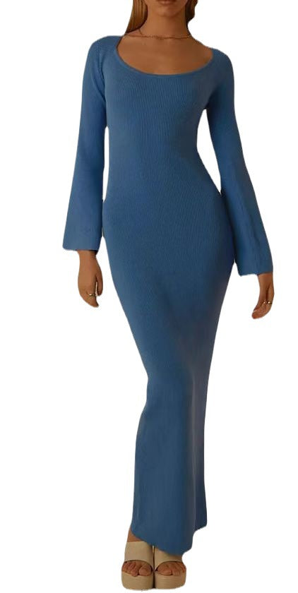 Damen elegantes Maxikleid mit tiefem Rundhals und modernen Trompetenärmeln Drune