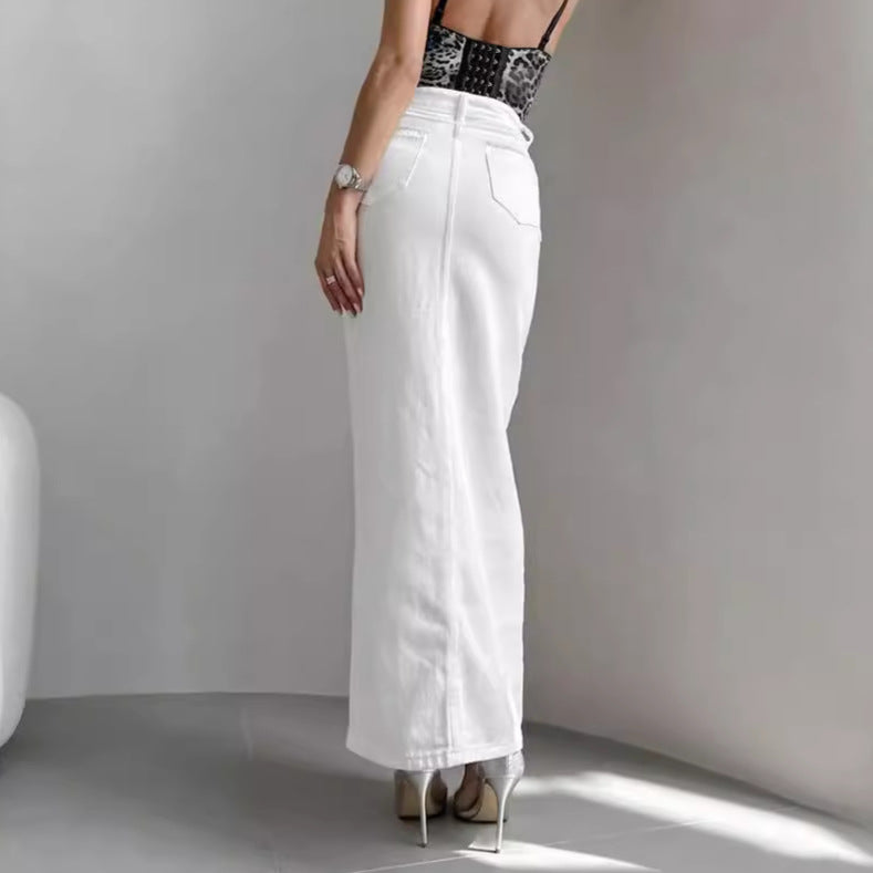 Damen langer Denimrock mit Knopfdetails und eleganter Teilung Drune