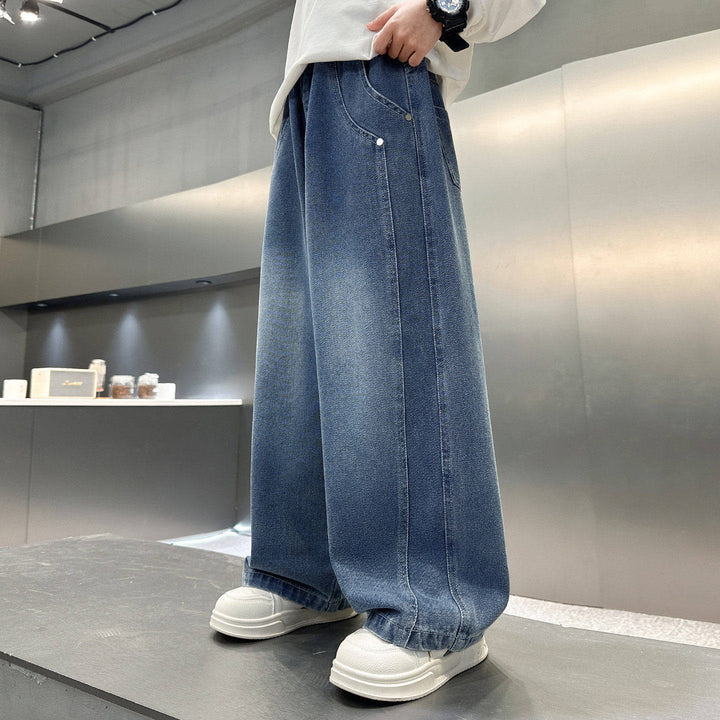 Damen lässige weite Denim-Hosen mit hohem Bund Drune