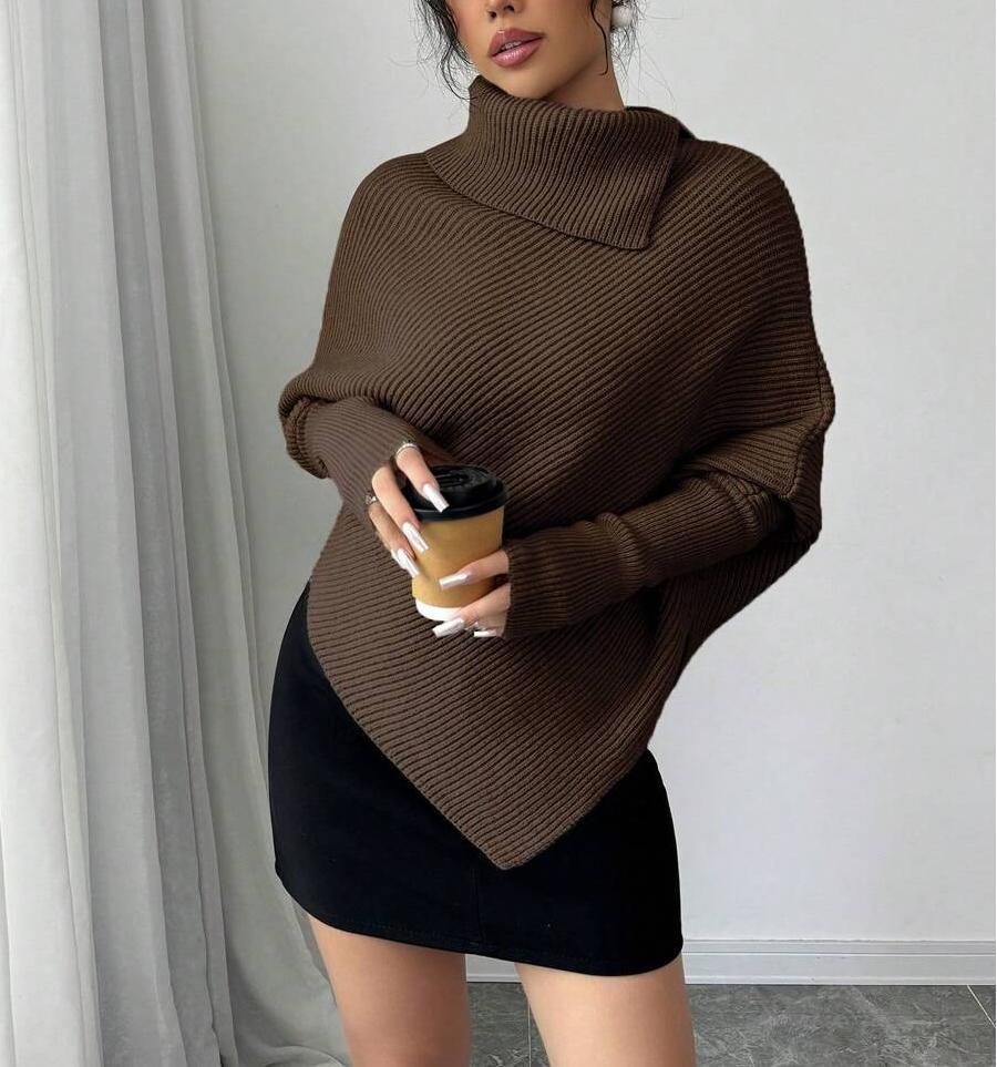 Damen Oversized Strickpullover mit asymmetrischem Saum und hohem Kragen Drune