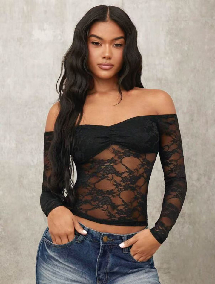 Damen Off-Shoulder Spitzenoberteil mit langen Ärmeln und romantischen Details Drune