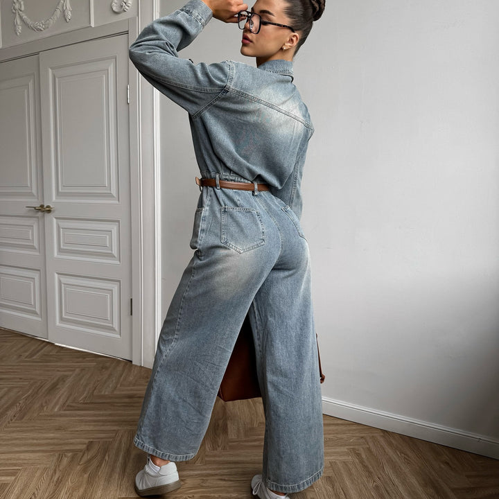 Damen Denim-Jumpsuit mit weitem Bein und modischem Kragen Drune