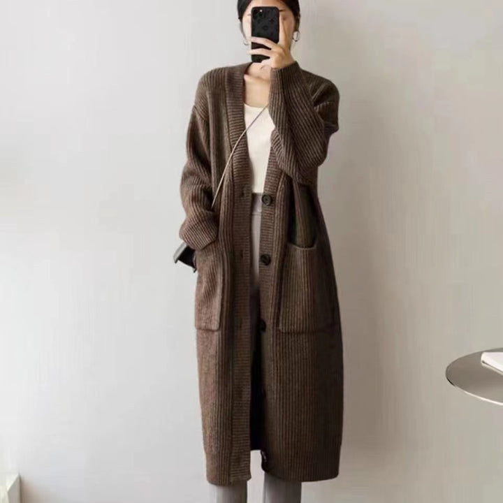 Damen Langer Strickcardigan mit aufgesetzten Taschen und Knopfverschluss Drune