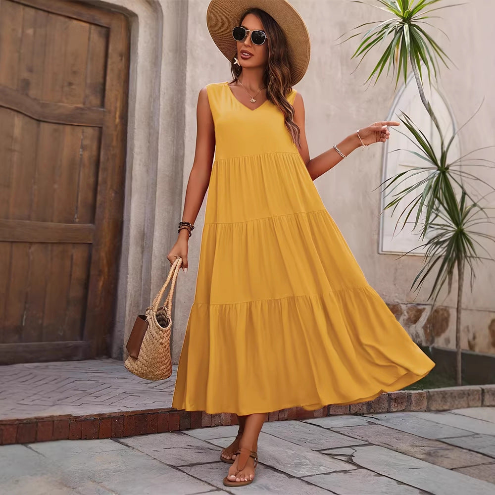 Damen Elegantes Sommer-Maxi-Kleid mit voluminösem Rock und V-Ausschnitt Drune