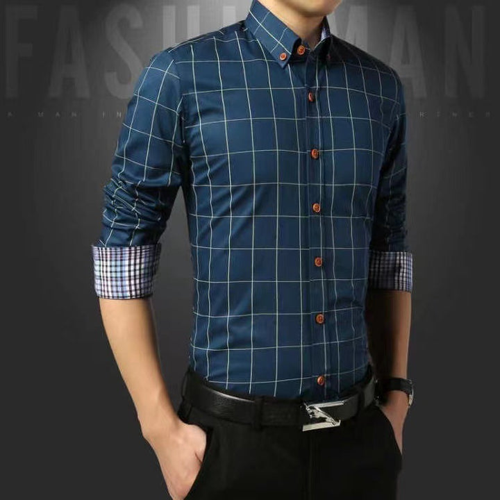 Herren nan tailliertes Businesshemd mit Button-Down-Kragen kariert und kontrastfutter Drune