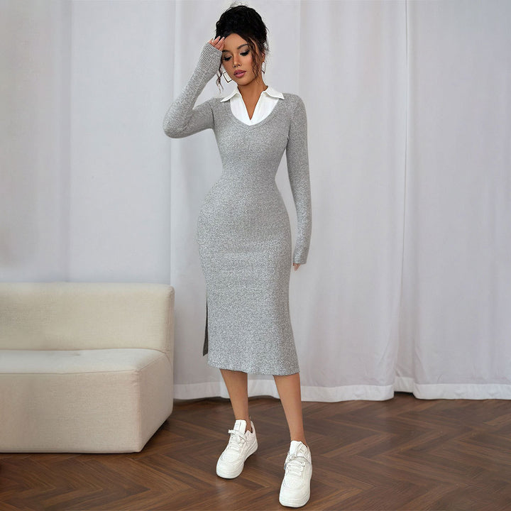 Damen figurbetontes Langarmkleid mit trendigem Polo-Kragen und seitlichem Schlitz Drune