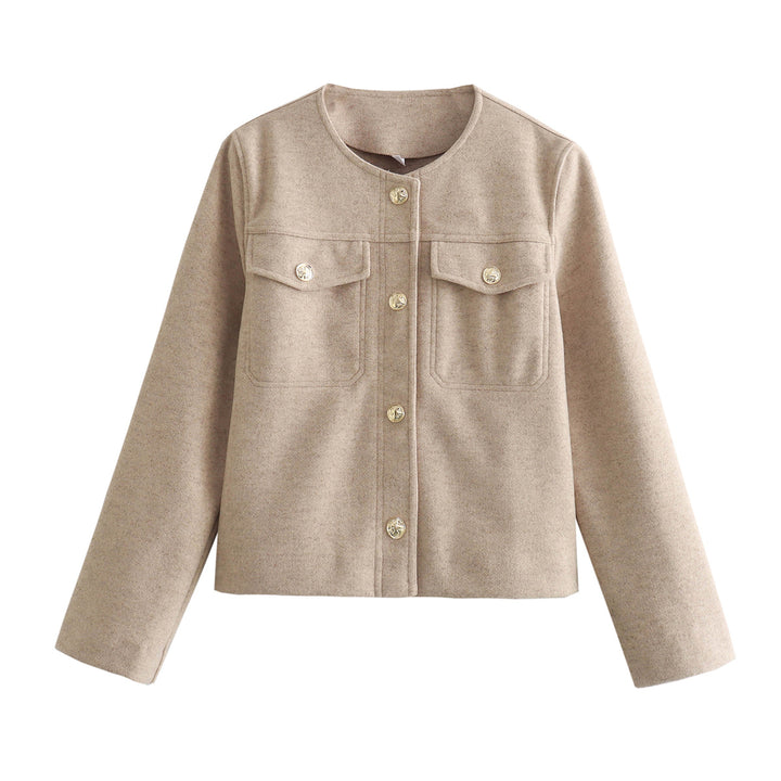 Damen elegante Modische Jacke mit zwei aufgesetzten Taschen und goldenen Knopfdetails Drune