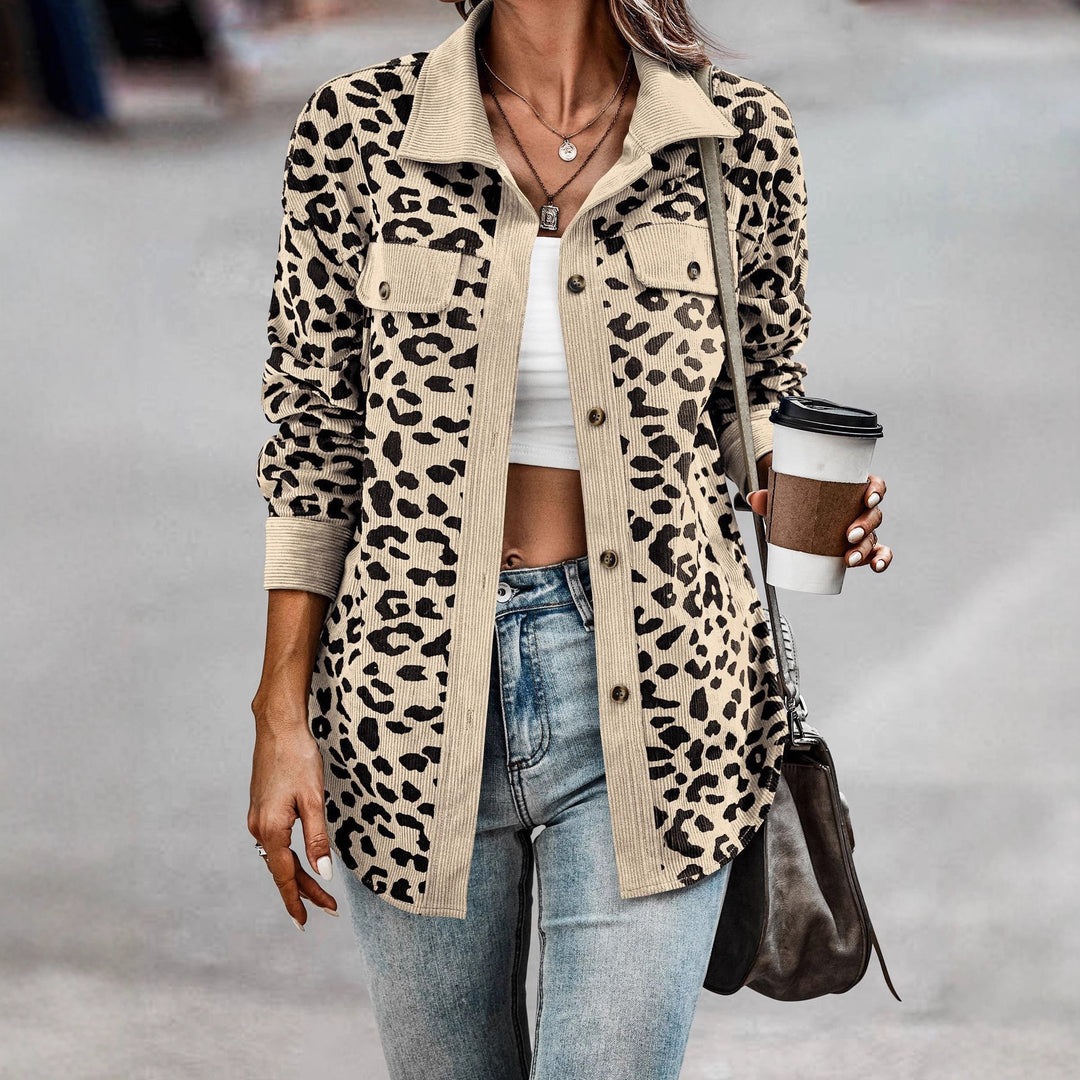 Damen Trendige Kordjacke mit Leo-Print und Brusttaschen Drune