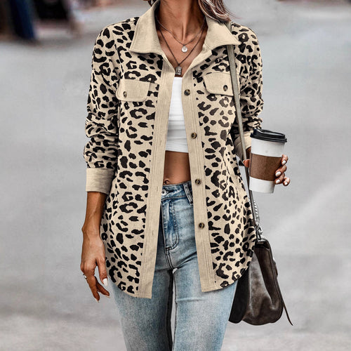Damen Trendige Kordjacke mit Leo-Print und Brusttaschen Drune