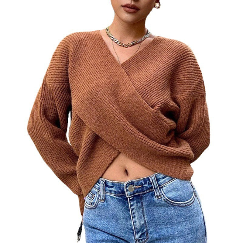Damen cropped Wickelpullover aus strukturiertem Material Drune