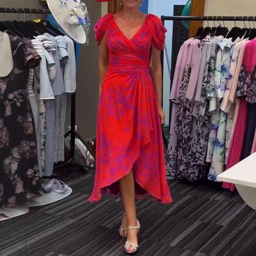 Damen nan festliches Chiffon-Midikleid mit gekreuztem V-Ausschnitt, taillenraffung und asymmetrischem Tulpenrock Drune