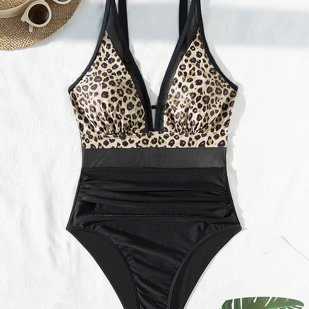 Damen Eleganter Badeanzug mit Tierdruck und Transparenten Einsätzen Drune