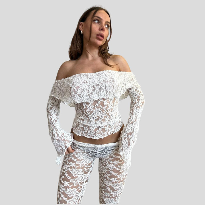 Damen Spitzen-Crop-Top mit weitem Ärmel und passenden Hose Drune
