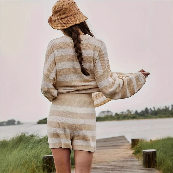 Damen gemütliches Strickset mit Crewneck und Streifenmuster Drune
