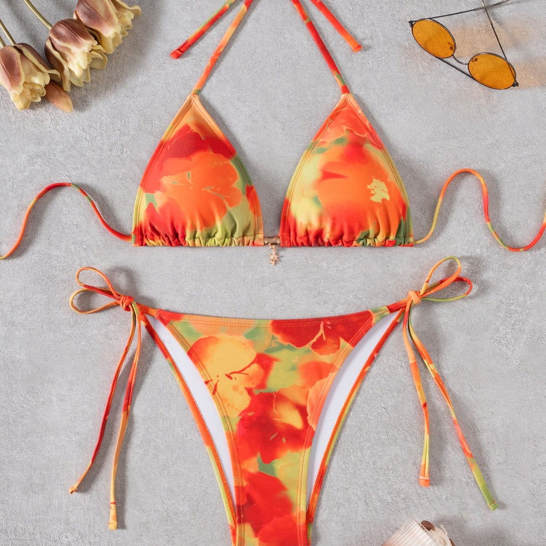 Damen Triangel-Bikini mit floralem Design und verstellbaren Bindebändern Drune