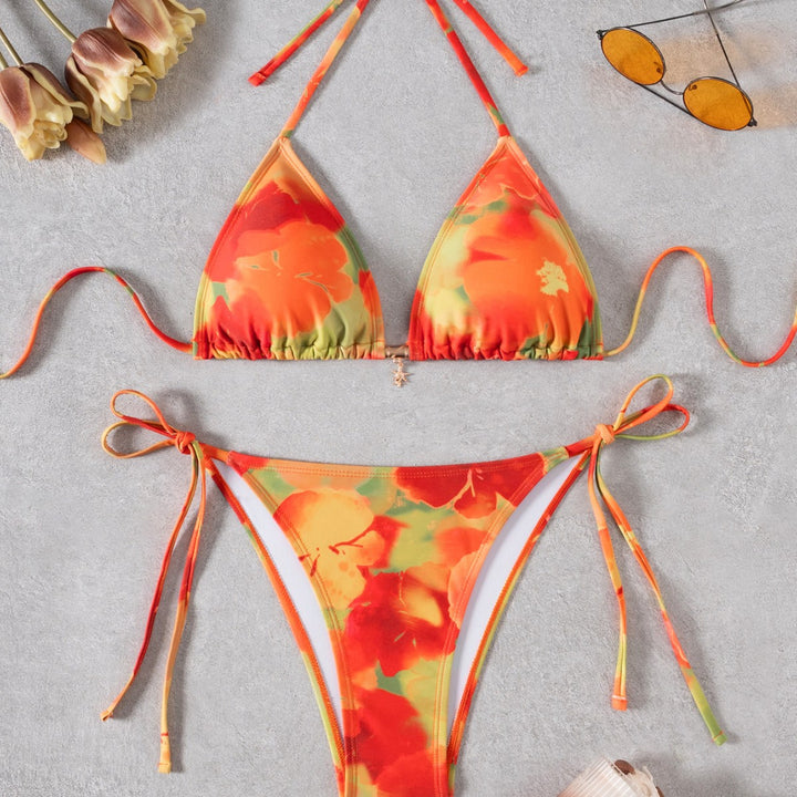 Damen Triangel-Bikini mit floralem Design und verstellbaren Bindebändern Drune