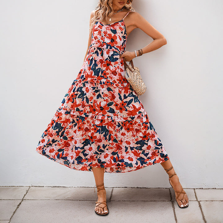 Damen Maxikleid mit floralen Rüschen und Spaghettiträgern Drune