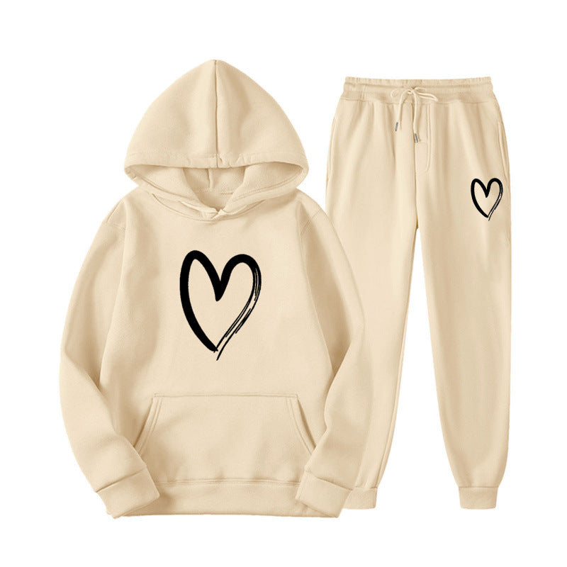 Damen Sweatsuit mit Kängurutasche und herzförmigem Print Drune