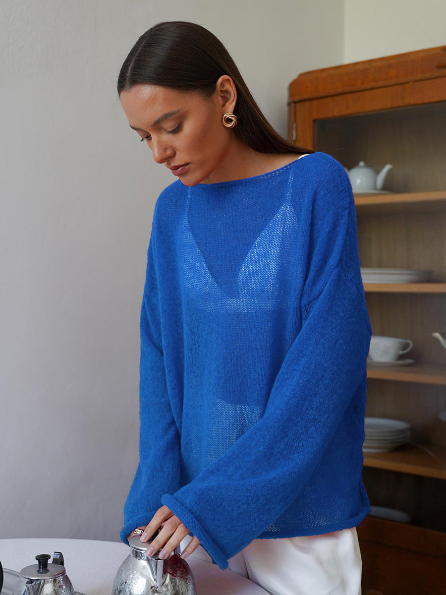 Damen lässiger Pullover mit weiten Ärmeln und feinem Lochstrickdesign Drune