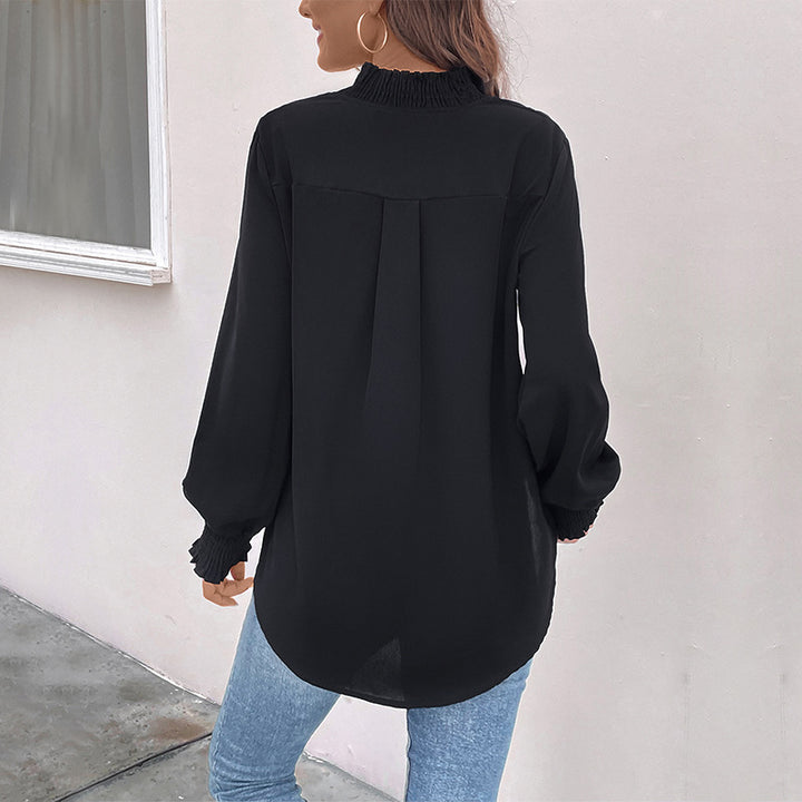Damen lässiges Viskosebluse mit modischen Puffärmeln und V-Ausschnitt Drune