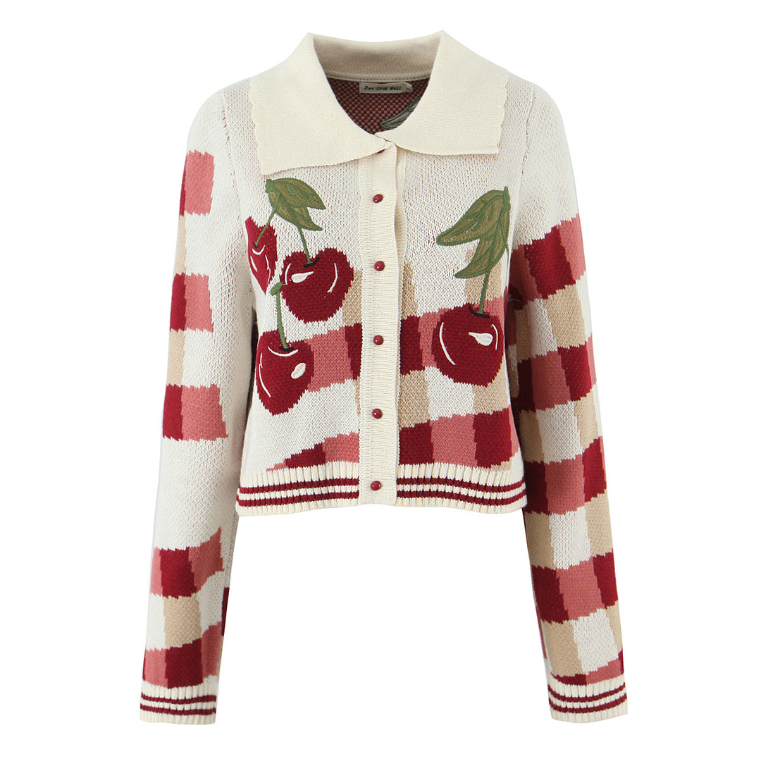 Damen verspielte Cropped Strickjacke mit floralem Kirschmuster Drune