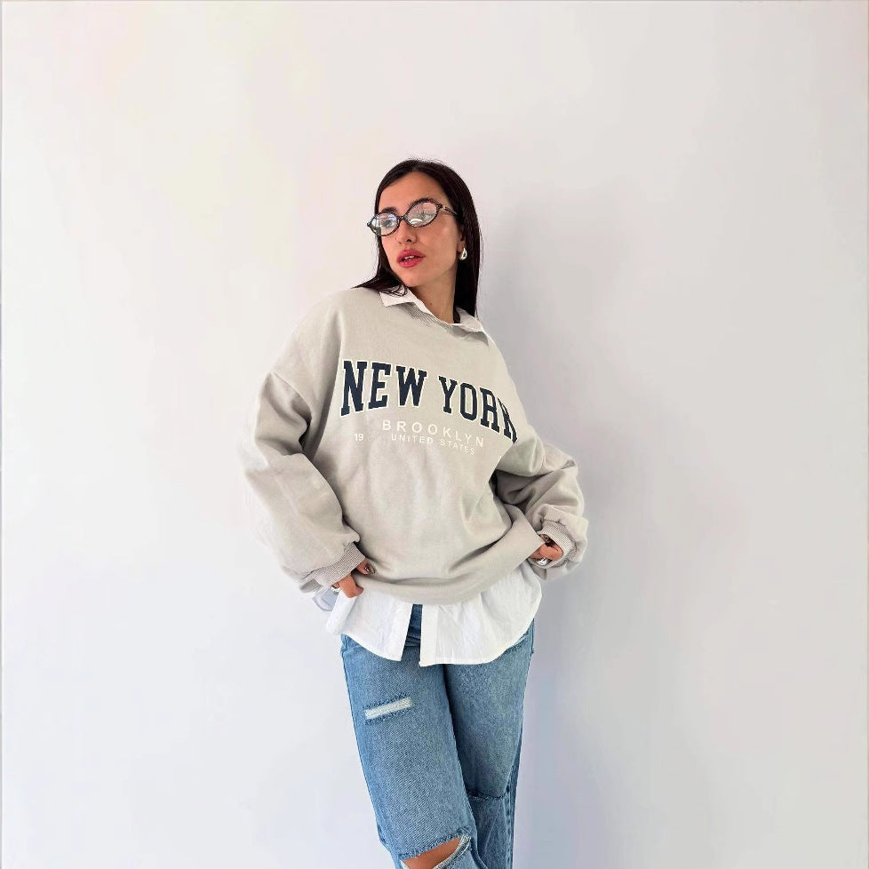 Damen lässiger Sweatshirt mit kreativem New York Print und oversized Schnitt Drune