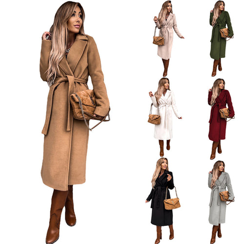 Damen eleganter lange Mantel mit Gürtel und hohem Kragen Drune