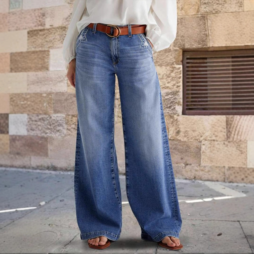 Damen weit geschnittene Jeanshose mit hohem Bund und eleganten Nähdetails Drune