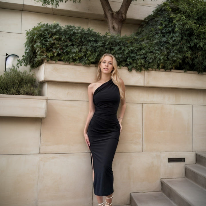 Damen figurbetontes Wickelkleid mit asymmetrischem Ausschnitt und elegantem Rüschen-Finish Drune