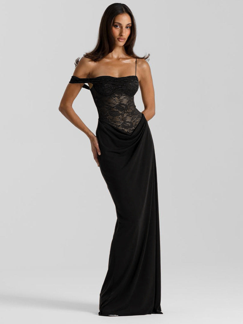 Damen Elegantes Abendkleid mit Spitzenoberteil und fließendem Rockteil Drune