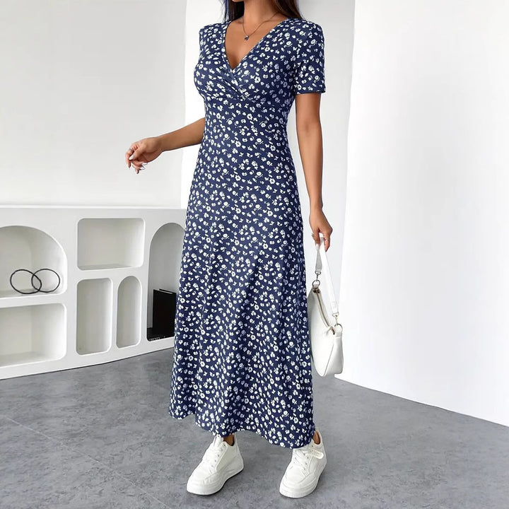 Damen nan tailliertes V-Ausschnitt Wickeloptik Maxikleid aus Viskosejersey mit kurzen Ärmeln und A-Linien-Saum Drune