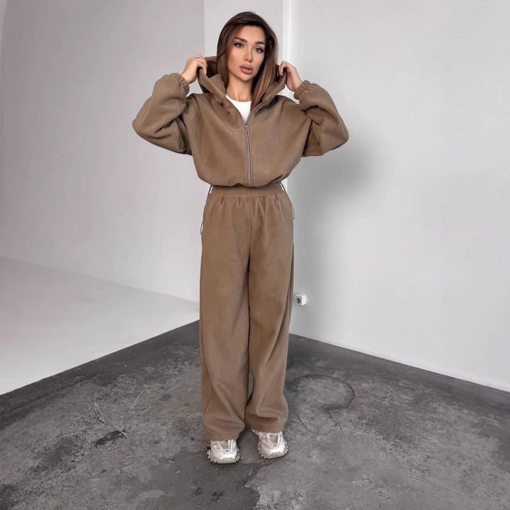 Damen Oversized Fleece-Jogginganzug mit Kapuze und weiten Beinen Drune