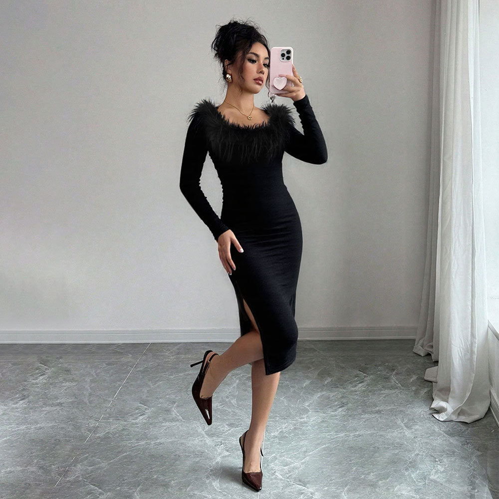 Damen Midi-Kleid mit eleganter Federverzierung und seitlichem Schlitz Drune