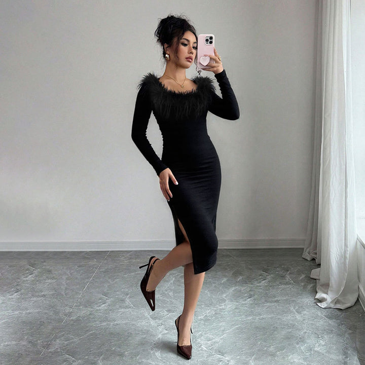 Damen Midi-Kleid mit eleganter Federverzierung und seitlichem Schlitz Drune