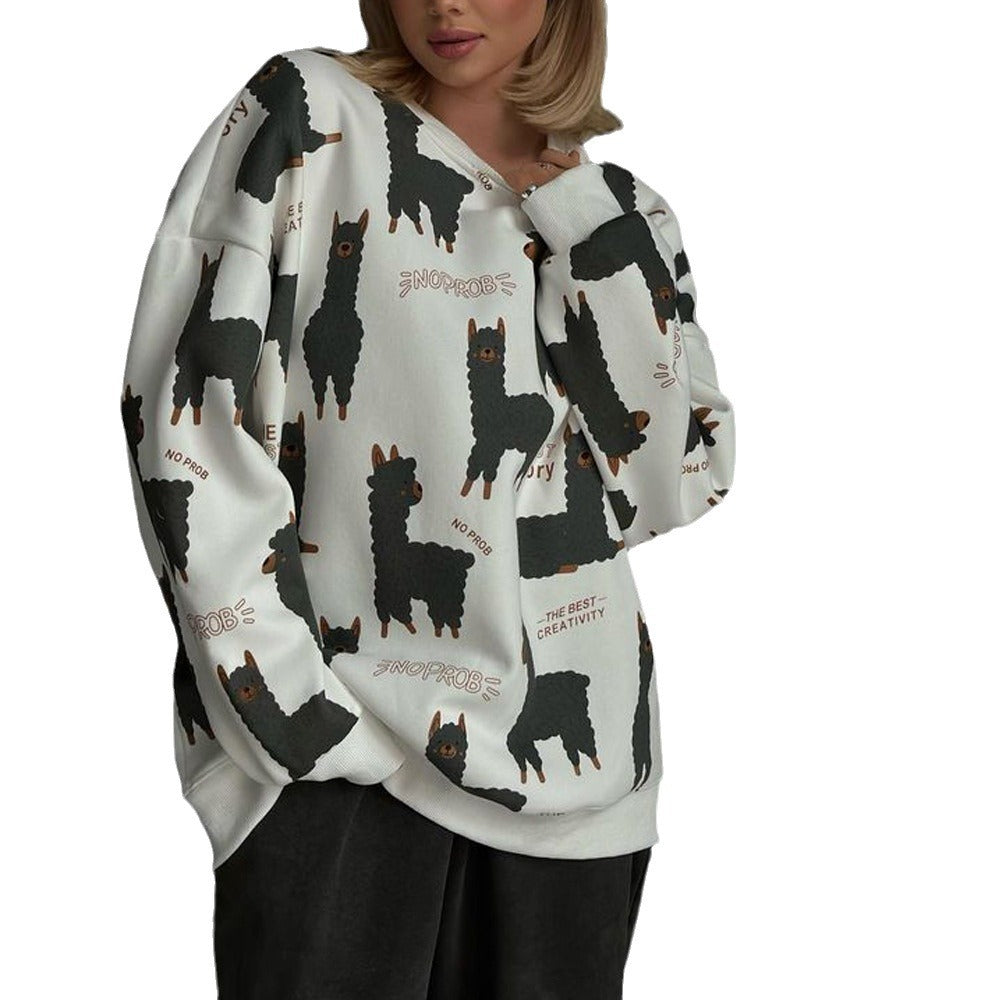 Damen lässiger Sweatshirt mit kreativem Lama-Motiv Drune